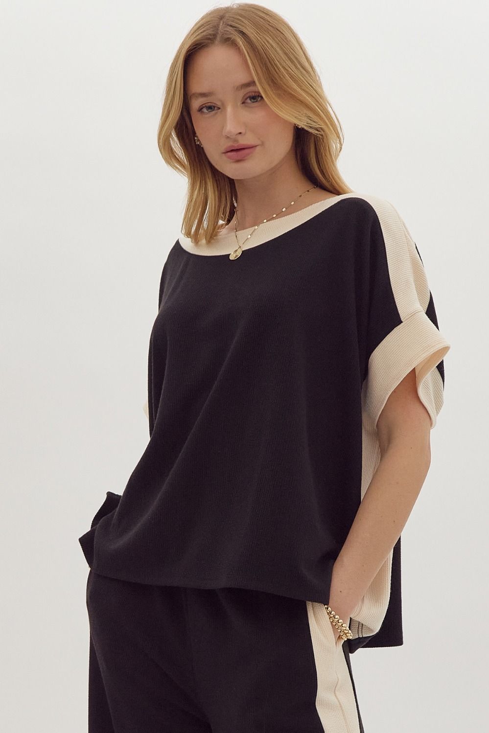 Solid Ribbed Contrast Trim Boatneck Top in Black - Simply Graced Mama