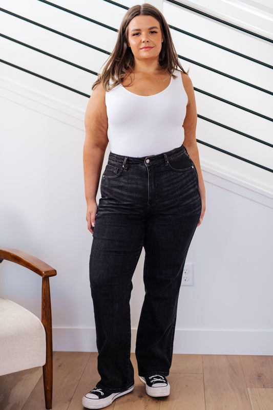 Joan High Rise Control Top Straight Jeans in Washed Black - Simply Graced Mama