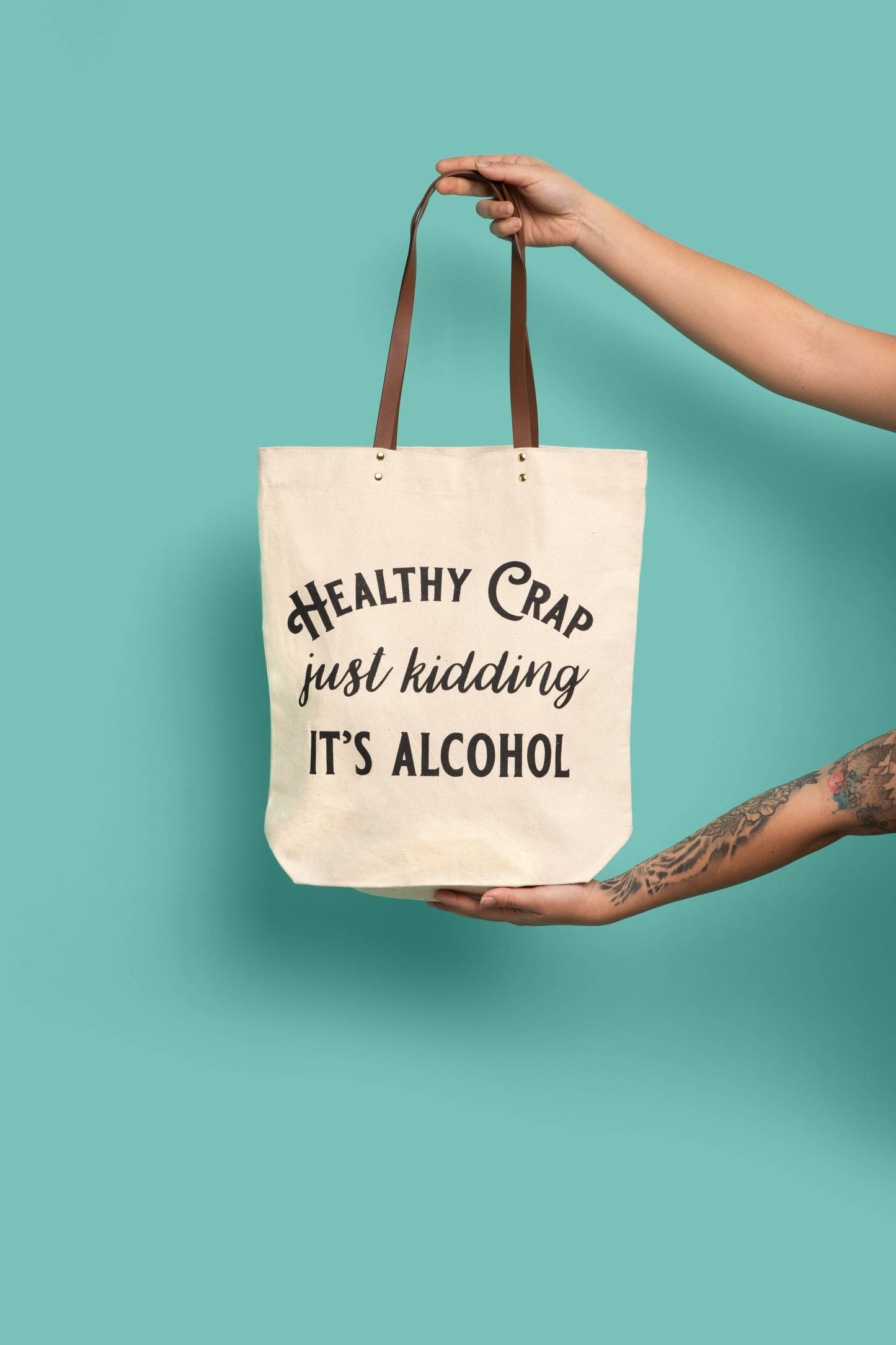 Healthy Crap Tote Bag (wine grocery, alcohol canvas, leather - Simply Graced Mama