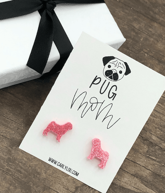 Pug Mom Earrings - Pink Glitter - Simply Graced Mama