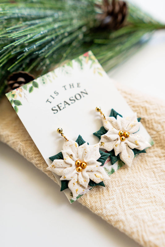 Beautiful Holiday Earrings | Cream Poinsettia Clay Earrings: Ball Post - Simply Graced Mama