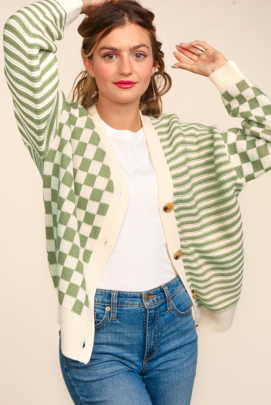 Button Down Checker Stripe Sweater Cardigan - Simply Graced Mama