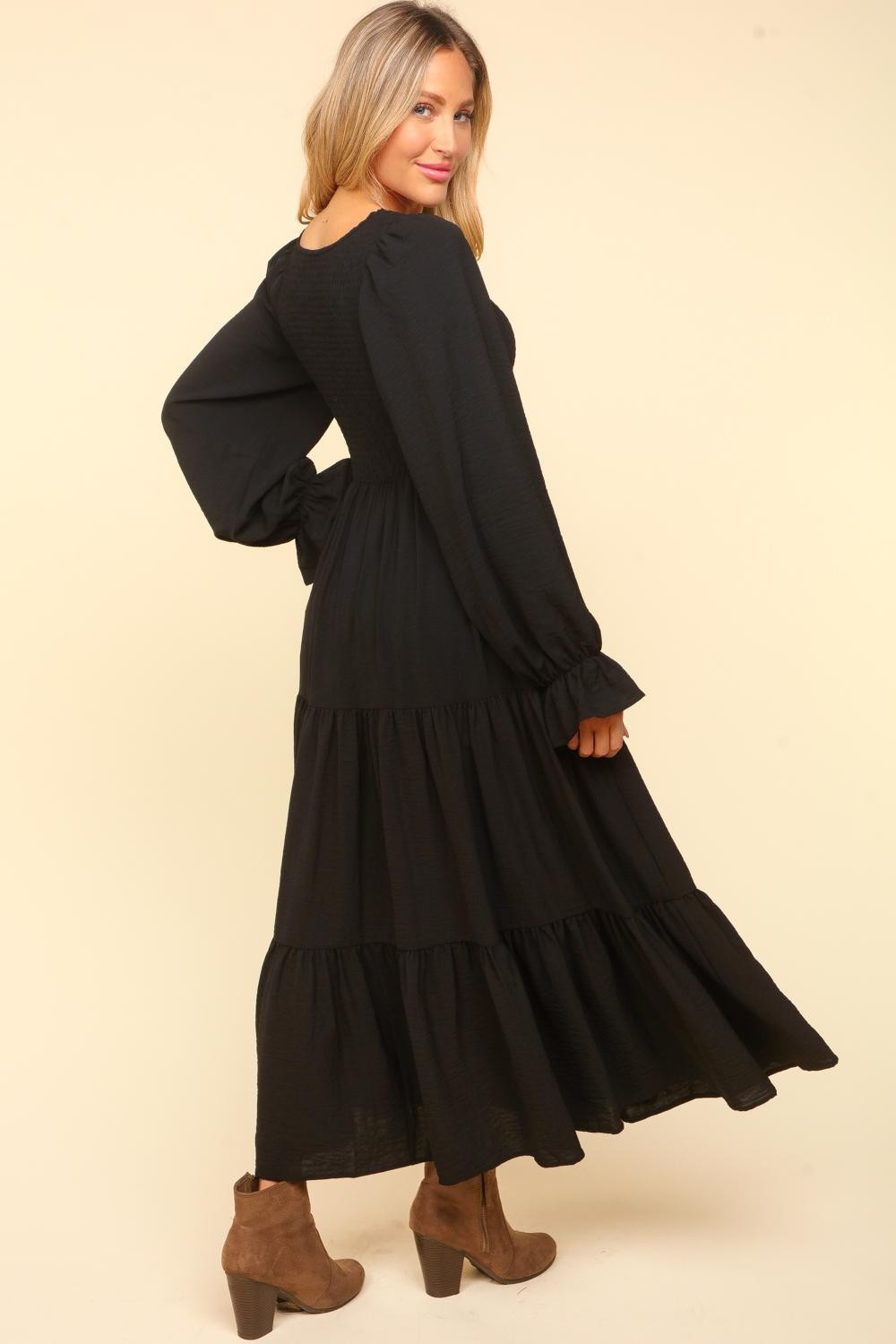 Smocking Maxi Woven Dress with Side Pockets in Black - Simply Graced Mama