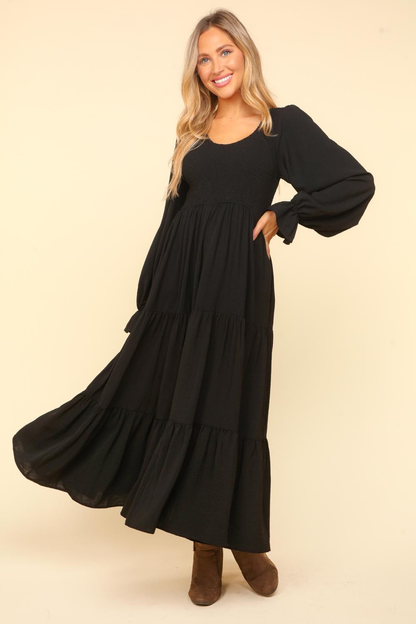 Smocking Maxi Woven Dress with Side Pockets in Black - Simply Graced Mama