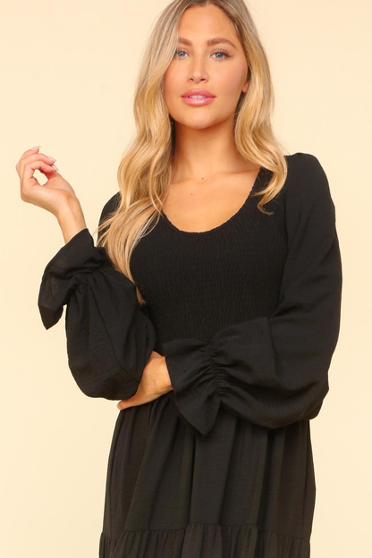 Smocking Maxi Woven Dress with Side Pockets in Black - Simply Graced Mama