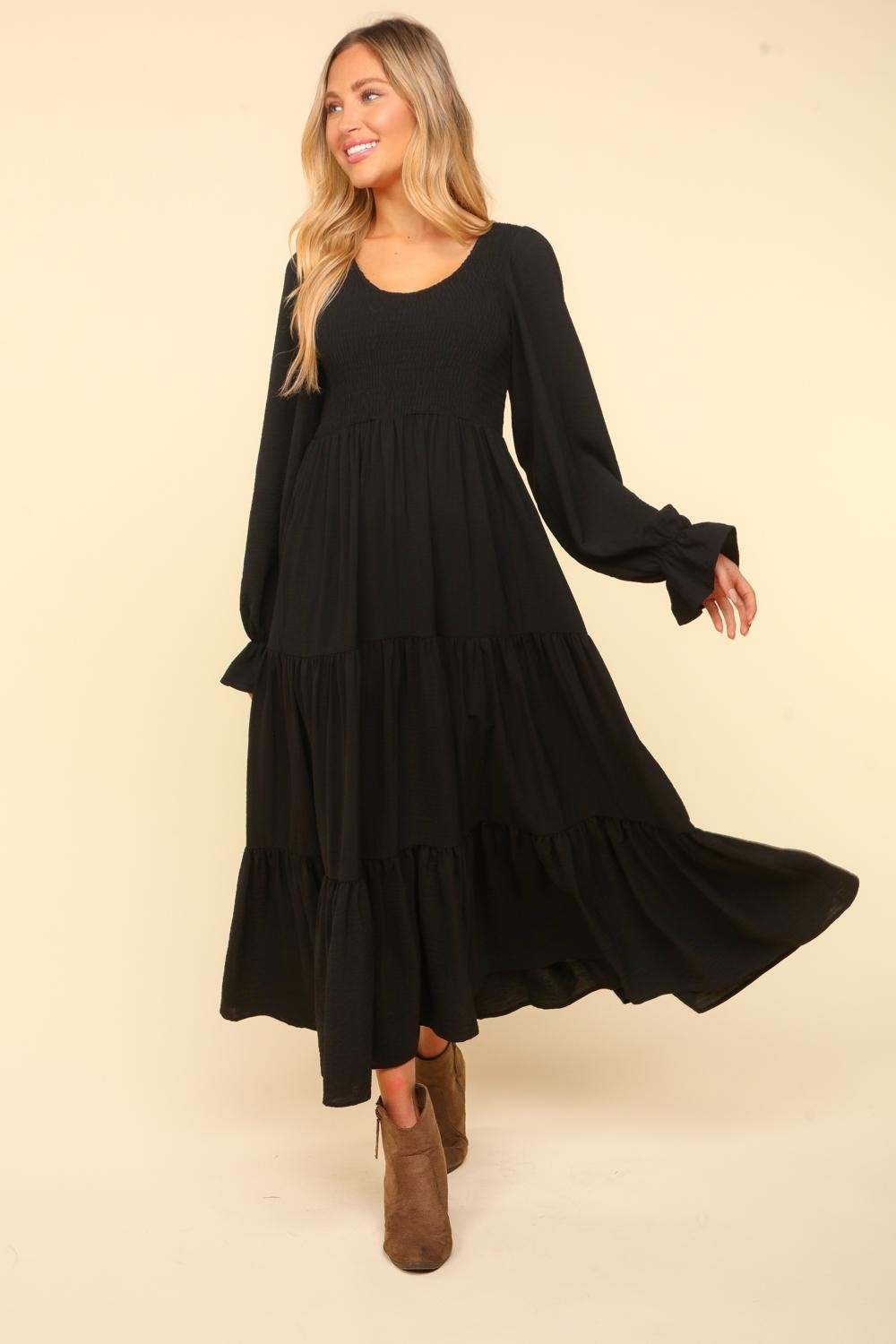 Smocking Maxi Woven Dress with Side Pockets in Black - Simply Graced Mama