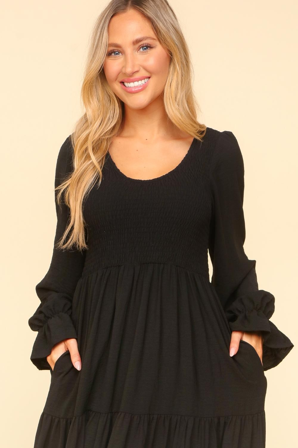 Smocking Maxi Woven Dress with Side Pockets in Black - Simply Graced Mama