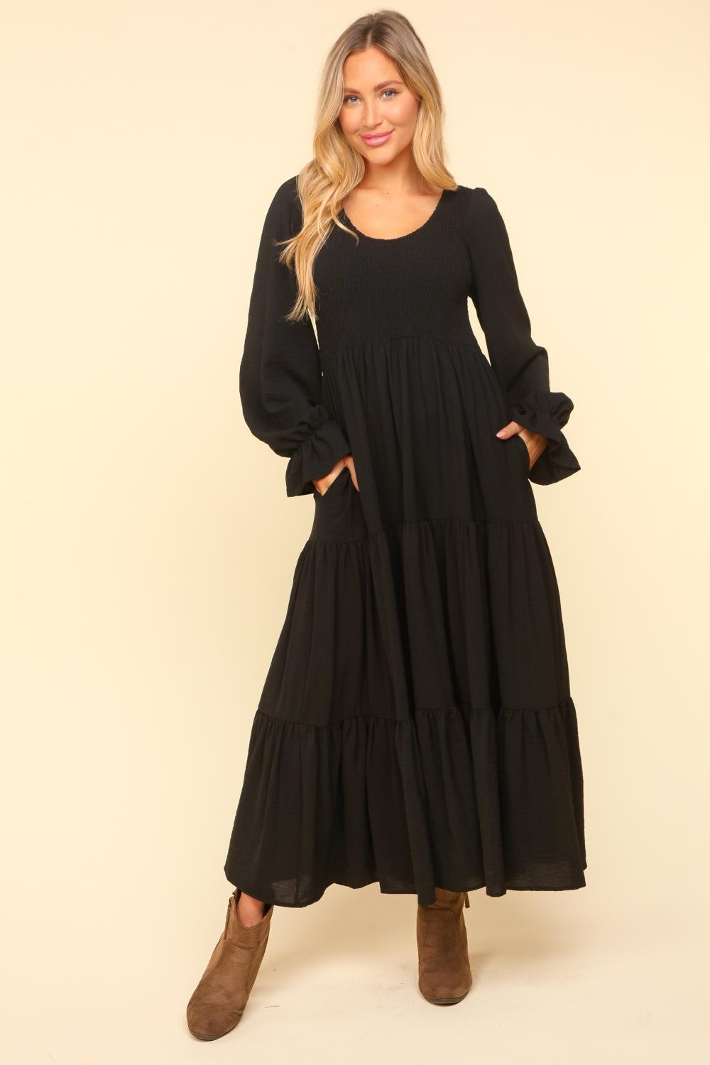 Smocking Maxi Woven Dress with Side Pockets in Black - Simply Graced Mama