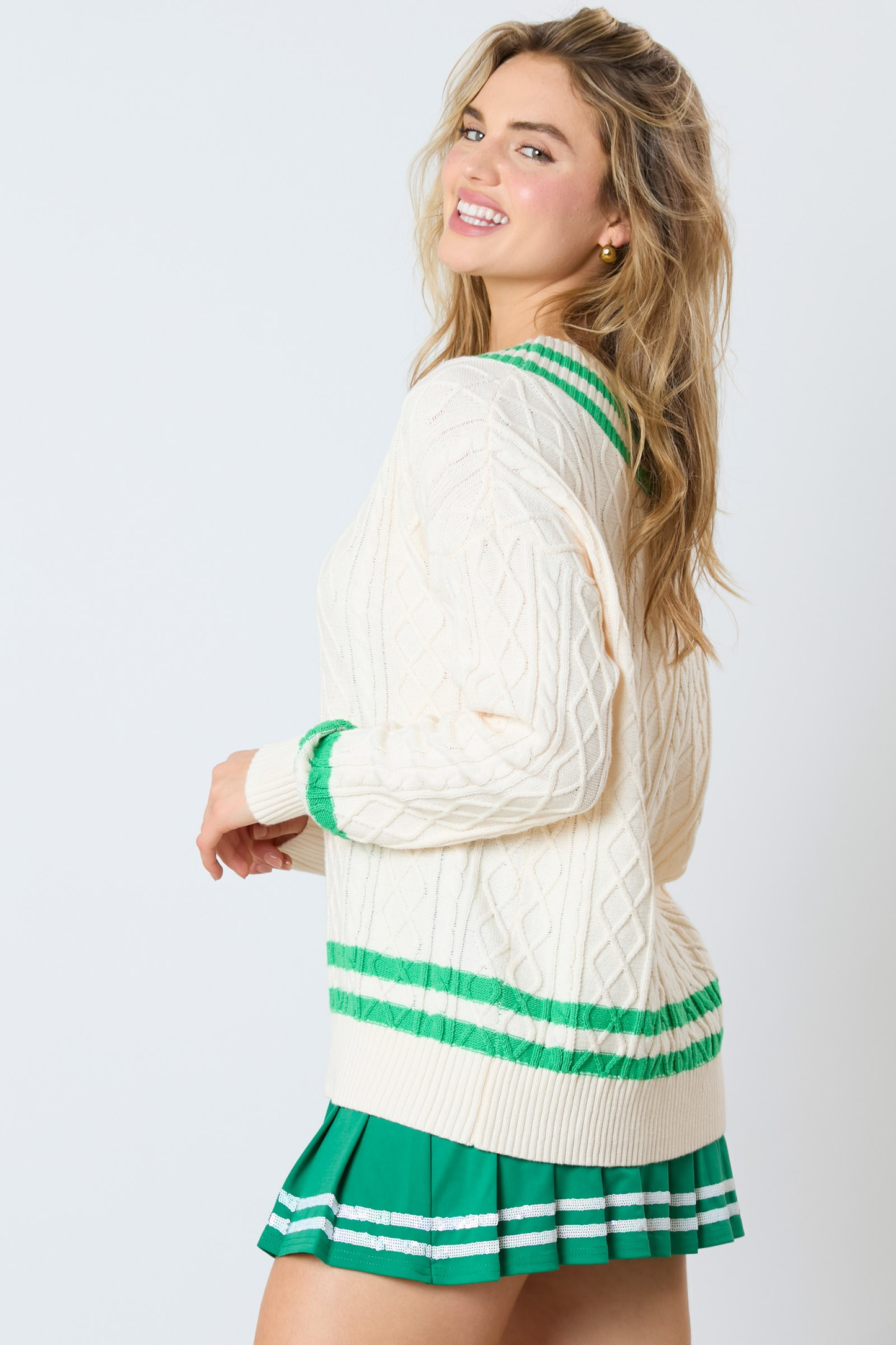 Varsity V-Neck Cable Sweater