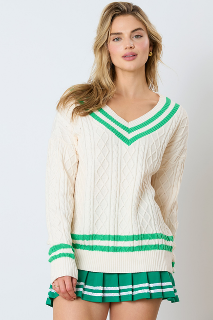 Varsity V-Neck Cable Sweater