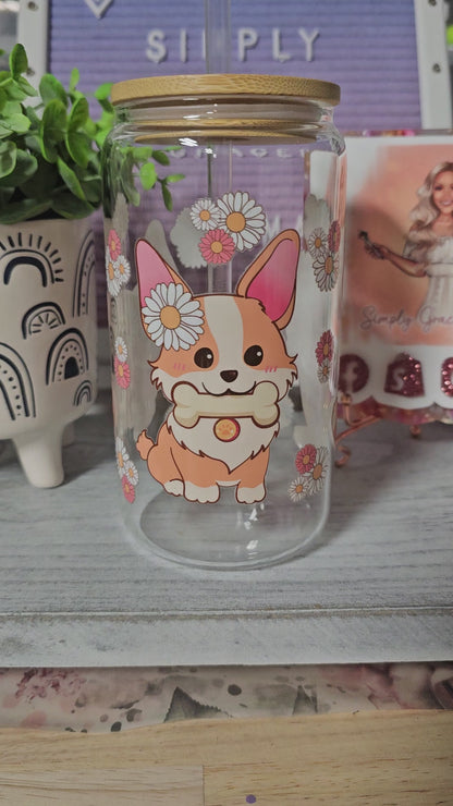 Floral Corgie Libby Glass