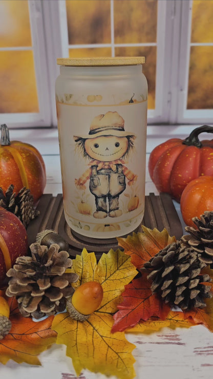 Scarecrow & Pumpkins Frosted Libbey Glass