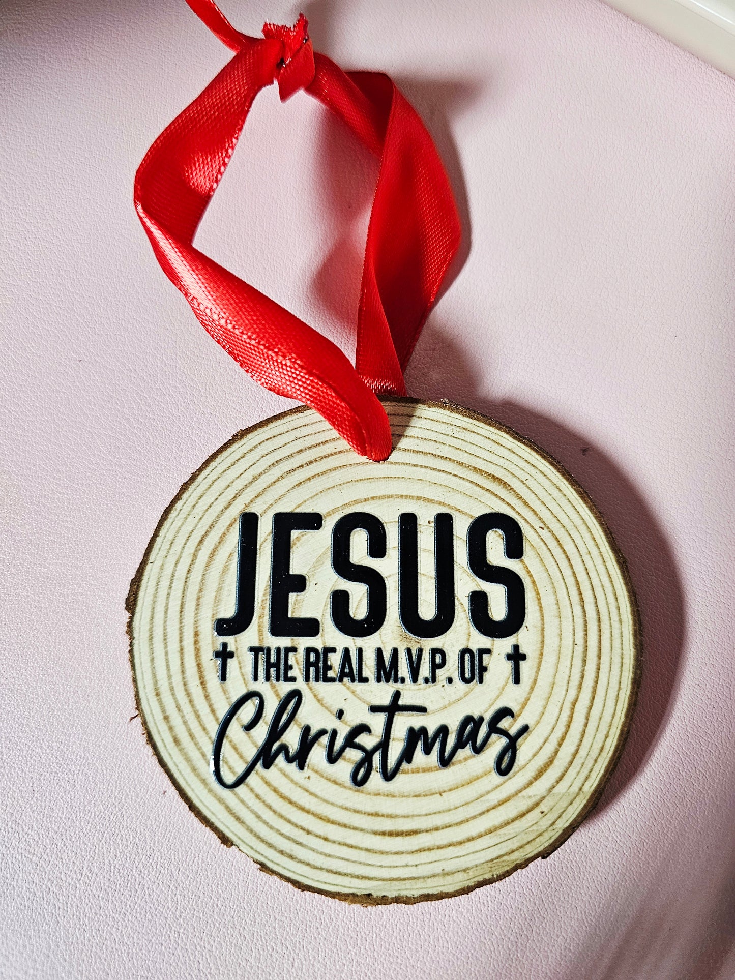 Jesus the real MVP of Christmas Wood Circle Farmhouse Ornament