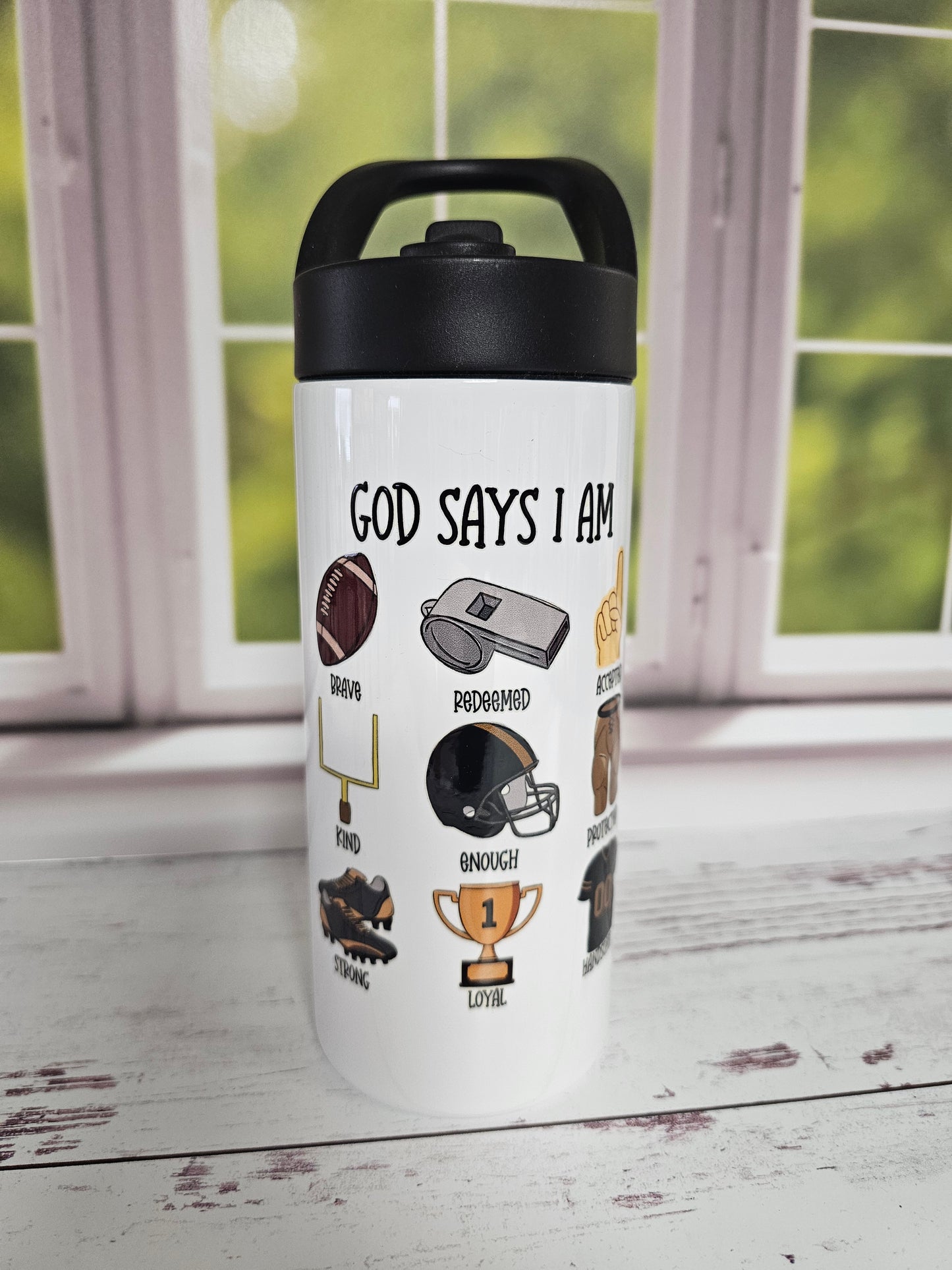God Says I am Football Theme Kids Water Bottle