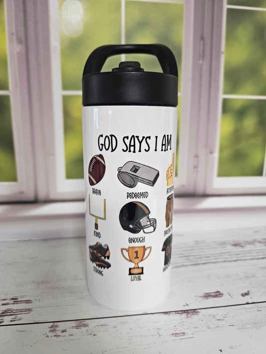 God Says I am Football Theme Kids Water Bottle