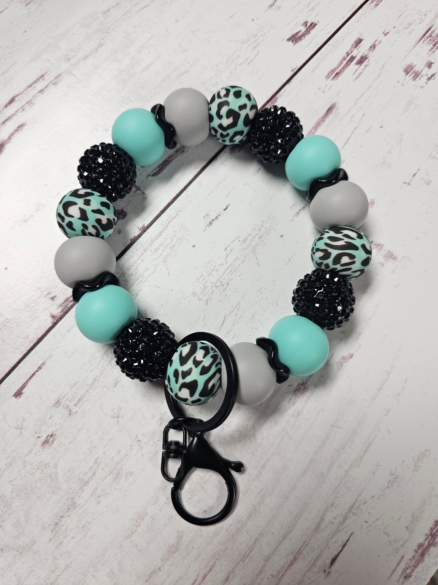 Black & Teal Animal Print Chunky Bead Wristlet