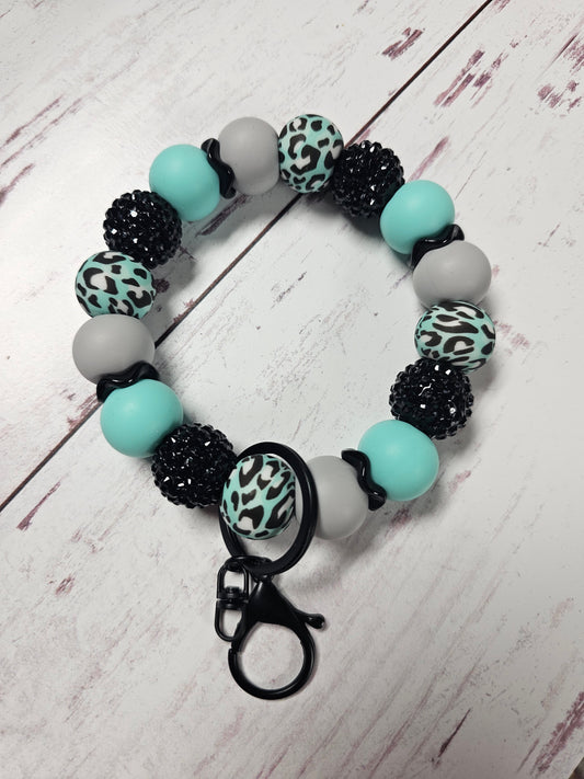 Black & Teal Animal Print Chunky Bead Wristlet