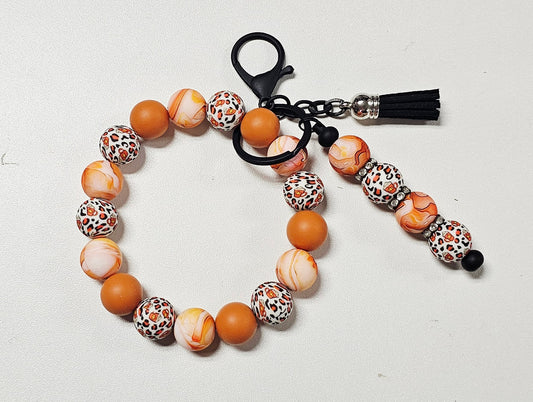 Pumpkin Spice Animal Print Beaded Wristlet with keychain
