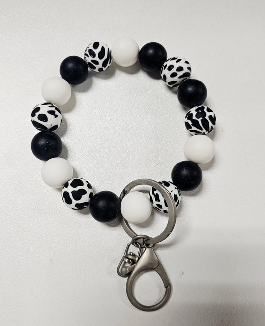 White & Black Animal Print Beaded Wristlet