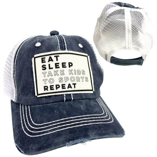EAT SLEEP SPORTS BALL CAP | UNISEX HAT | DISTRESSED: Blue with White Mesh