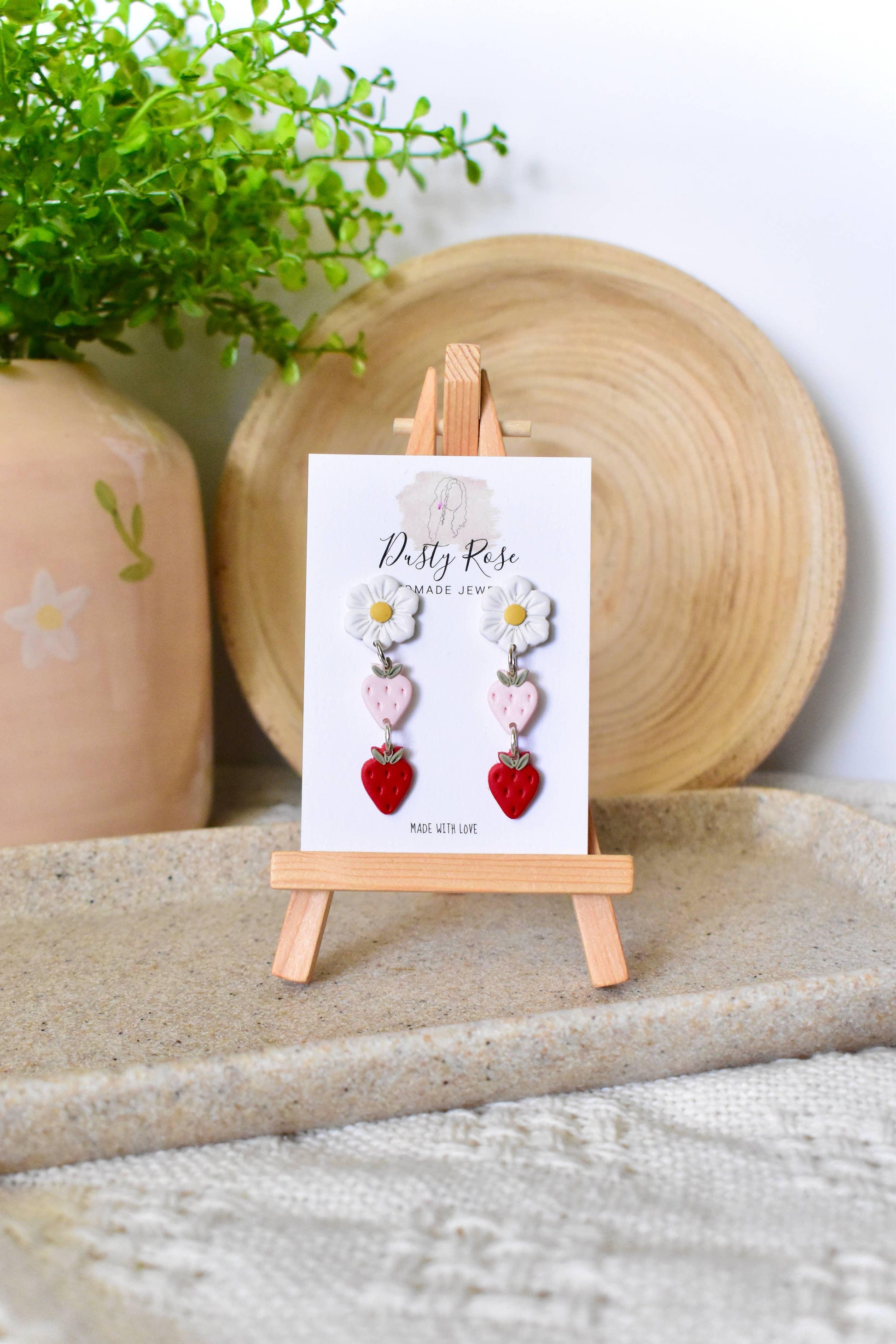 Handmade Flower & Strawberry Dangles- White, Pink, & Red Clay Earring - Simply Graced Mama