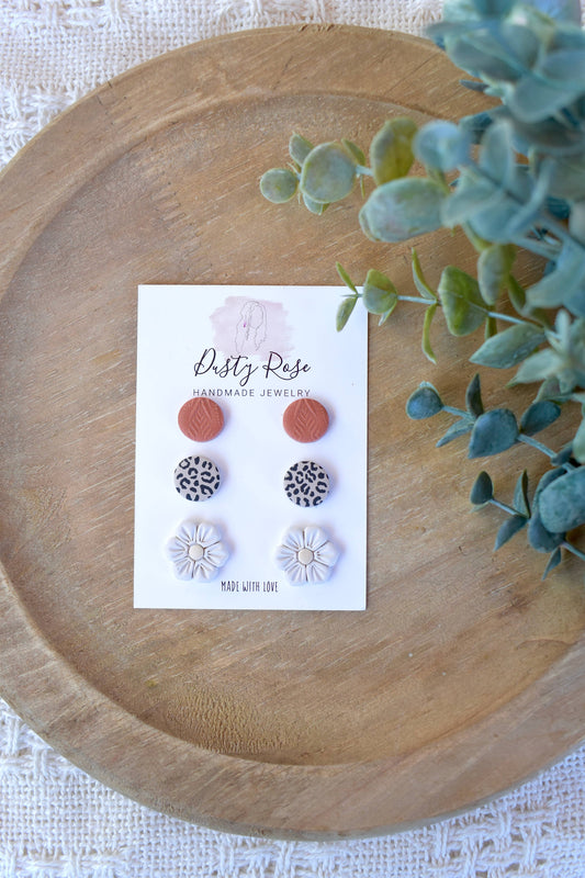 Terracotta Cheetah Clay Stud Earrings Set